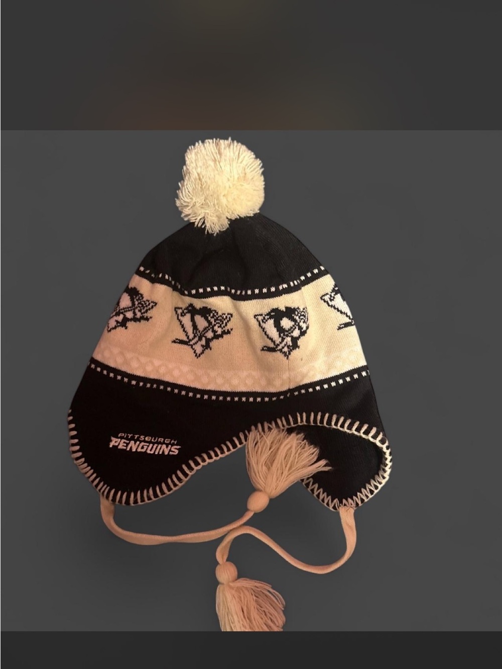 Women's Black & White Pom-Pom Earflap Beanie